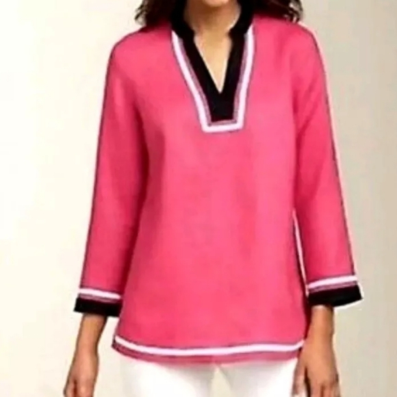 Talbots Tops - Talbots 100% Linen Long Sleeve Tunic Top Blouse Shirt Pink Navy Women's Large